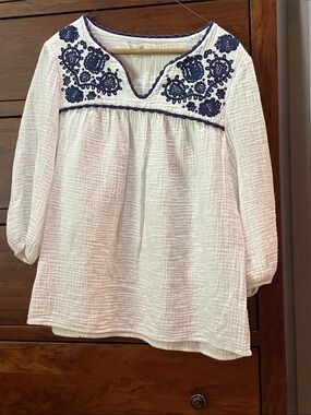 Boden White Gauze Tunic with Navy Embroidery